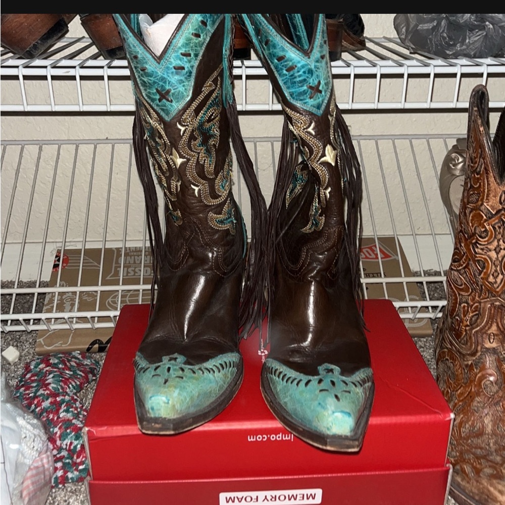 Turquoise and Brown Western Boots with Fringe